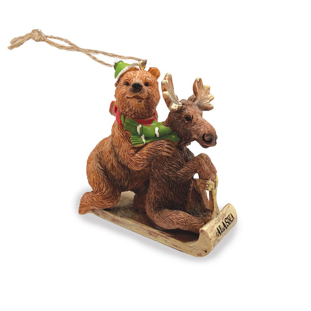 Alaska Holiday Ornament Brown Bear Moose on Sled