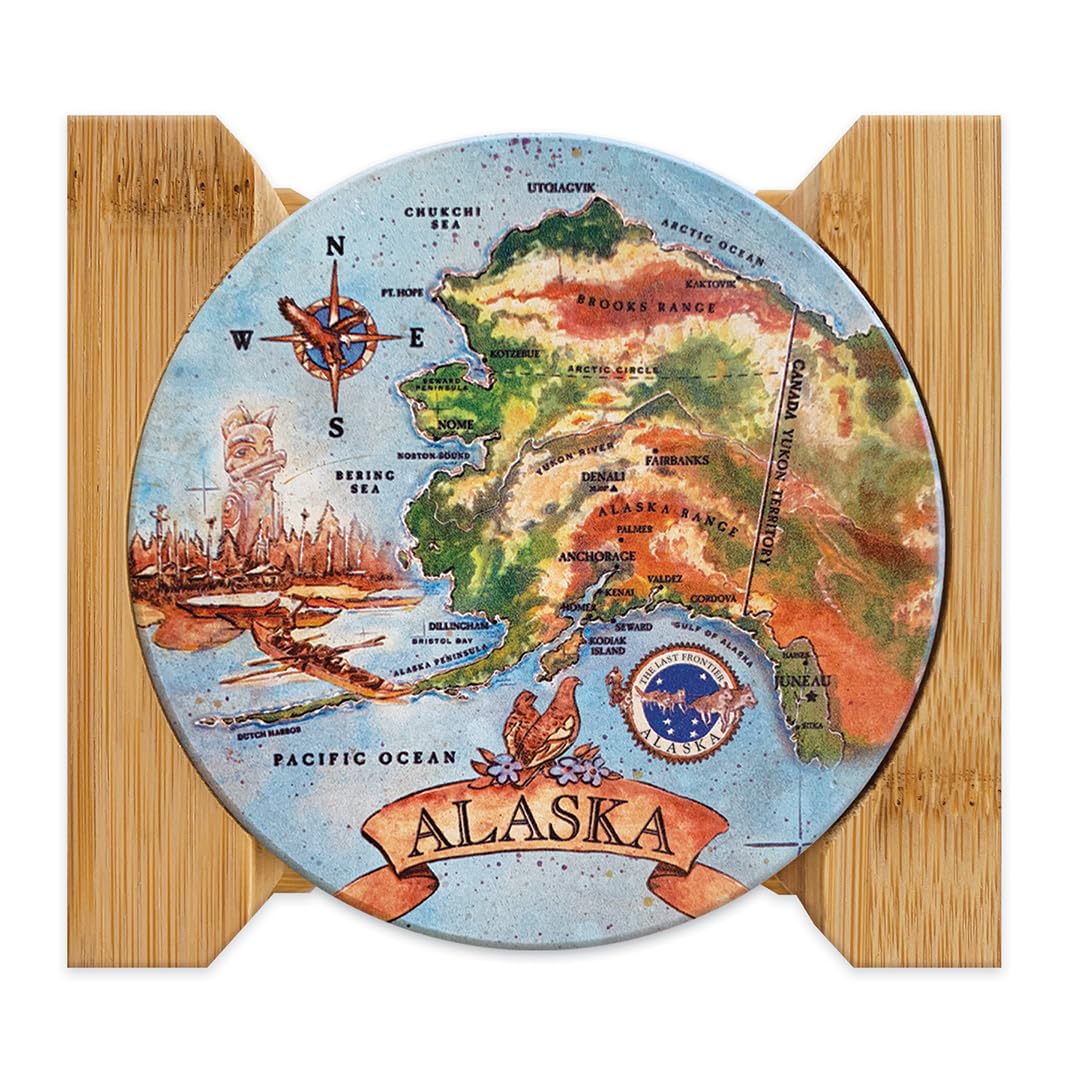 Alaska Round Ceramic Coasters with Bamboo Caddy Last Frontier Map