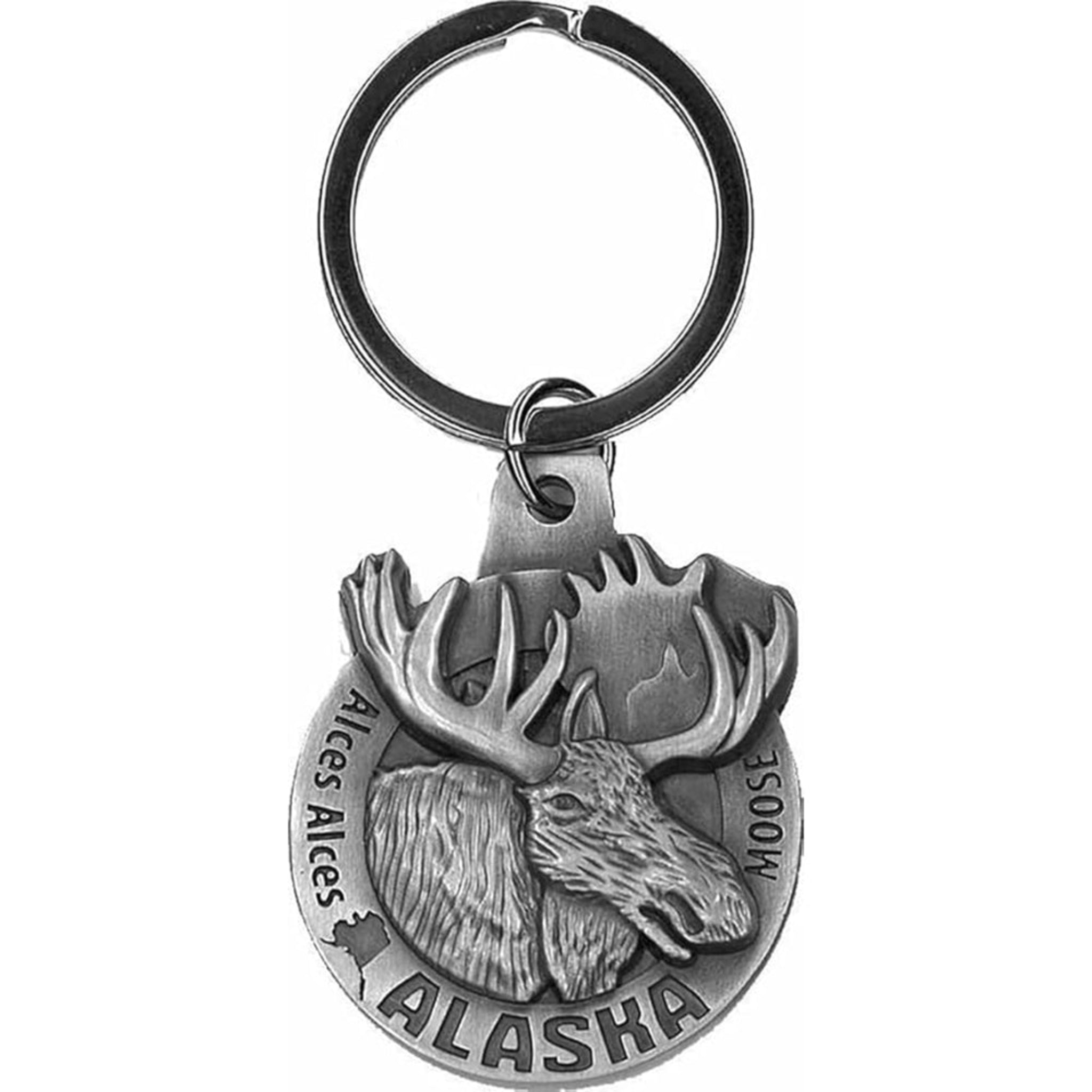Alaska Pewter Key Chain Moose Icon with State Facts