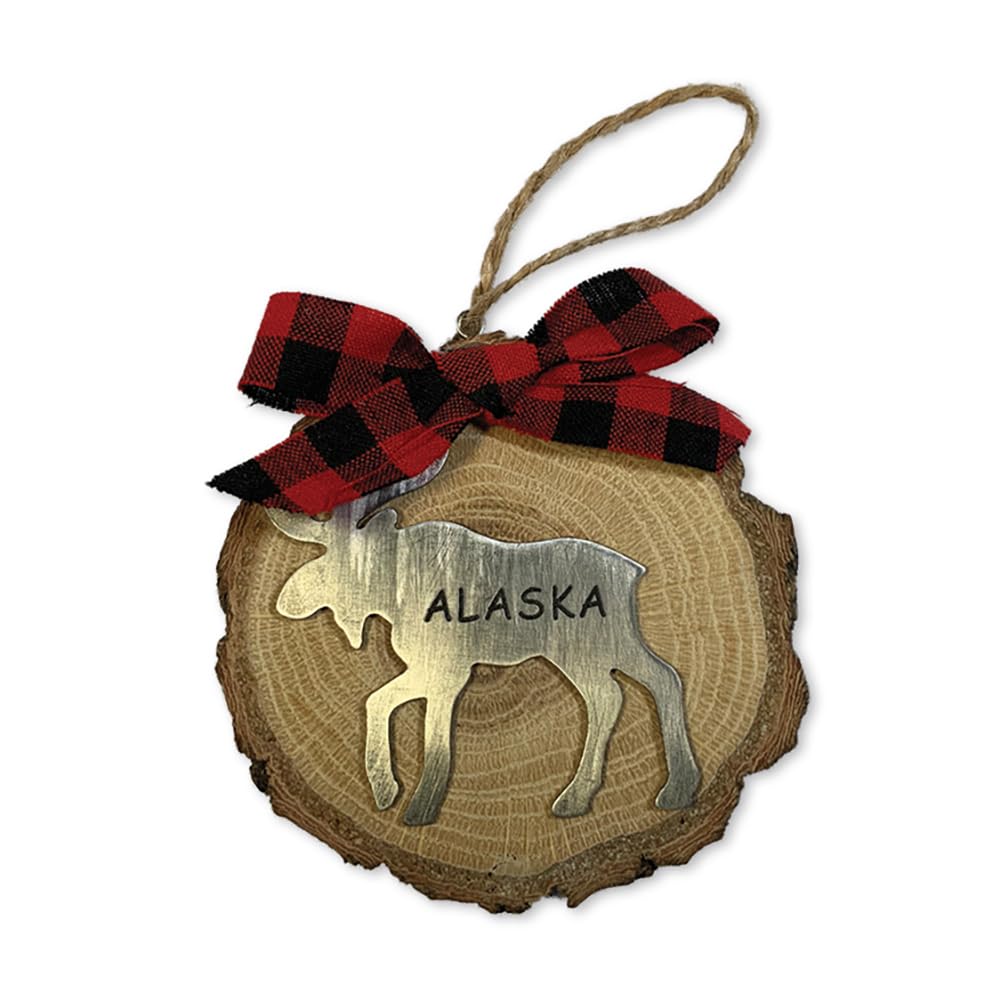 Alaska Holiday Wood Ornament with Metal Moose