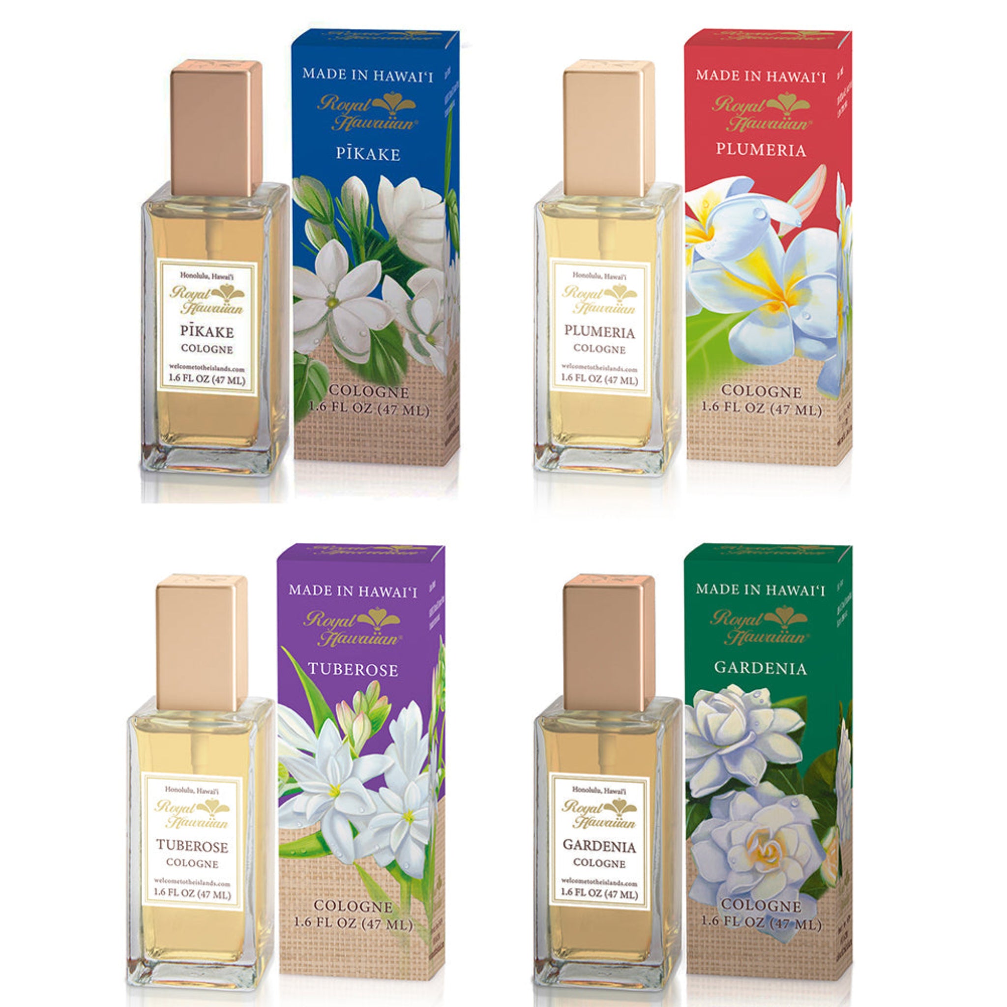 Royal Hawaiian Colognes 1.6 fl. oz. each Assorted 4 Pack Pikake Plumeria Gardenia Tuberose