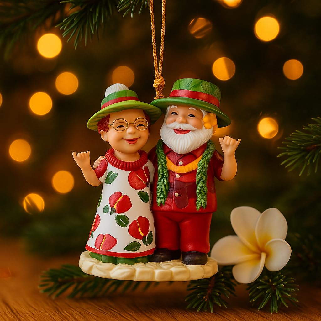 Hawaiian Holiday Christmas Ornament Happy Aloha Mr. and Mrs. Shaka Claus