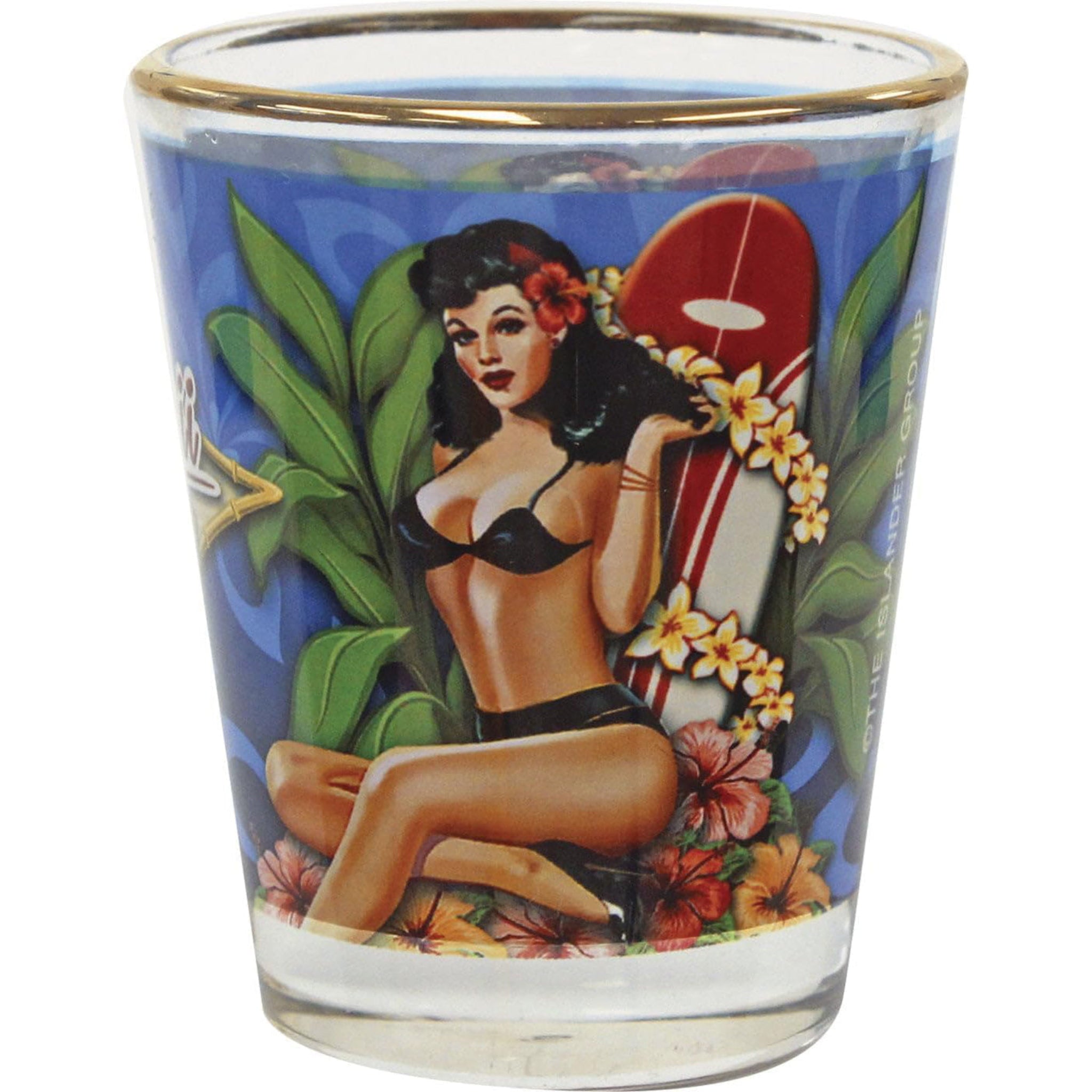Hawaiian Shot Glass Pinup Girl Surfboard Plumeria