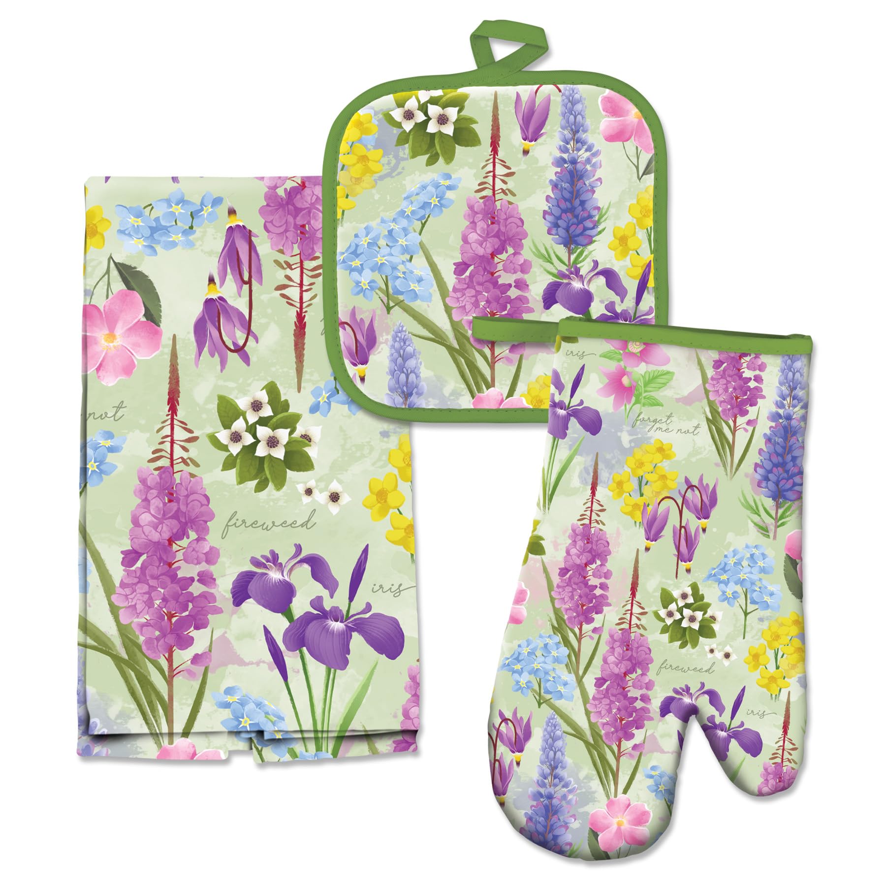 Alaska Kitchen Set Towel Oven Mitt Potholder Watercolor Wild Flowers
