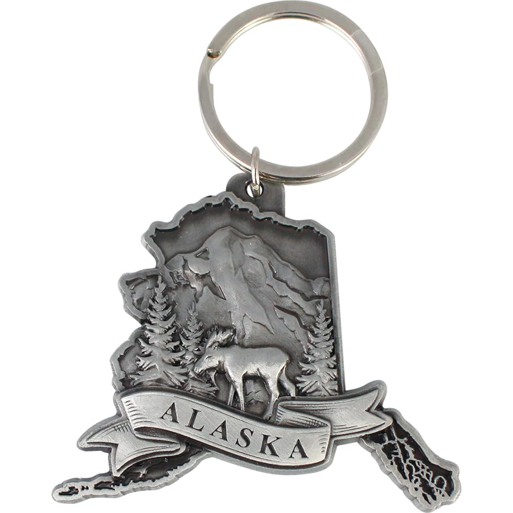 Alaska Key Chain Pewter State Shaped with Scenic Moose Icon