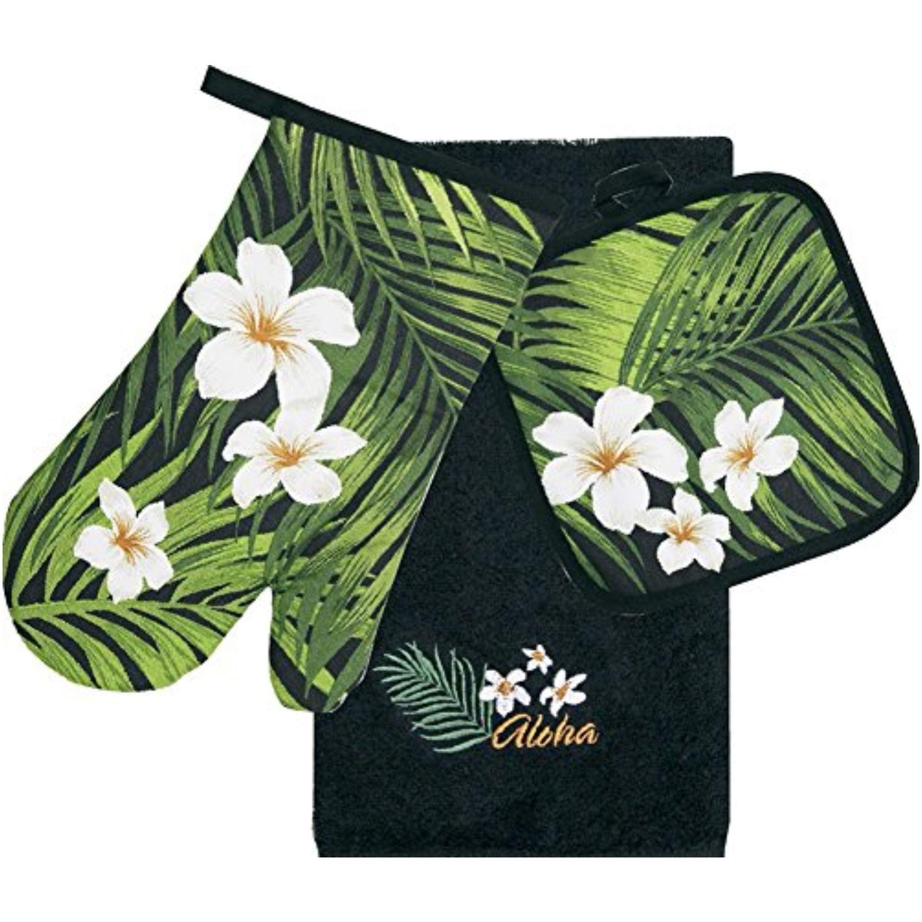 Hawaii 3 Piece Kitchen Set Towel & Potholder & Oven Mitt Plumeria Palm