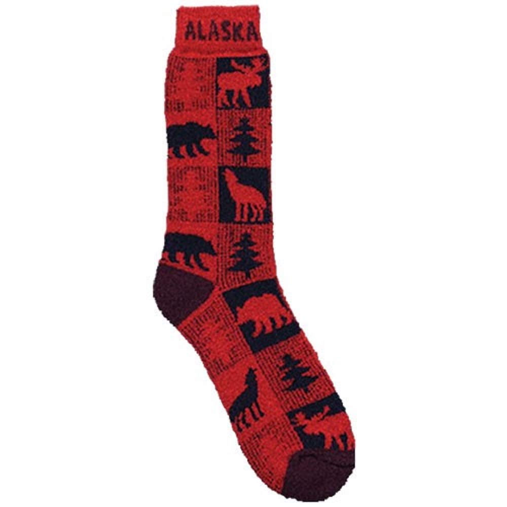 Alaska Buffalo Plaid Red Towel Sock (Moose Wolf Tree Bear) Size 9-12
