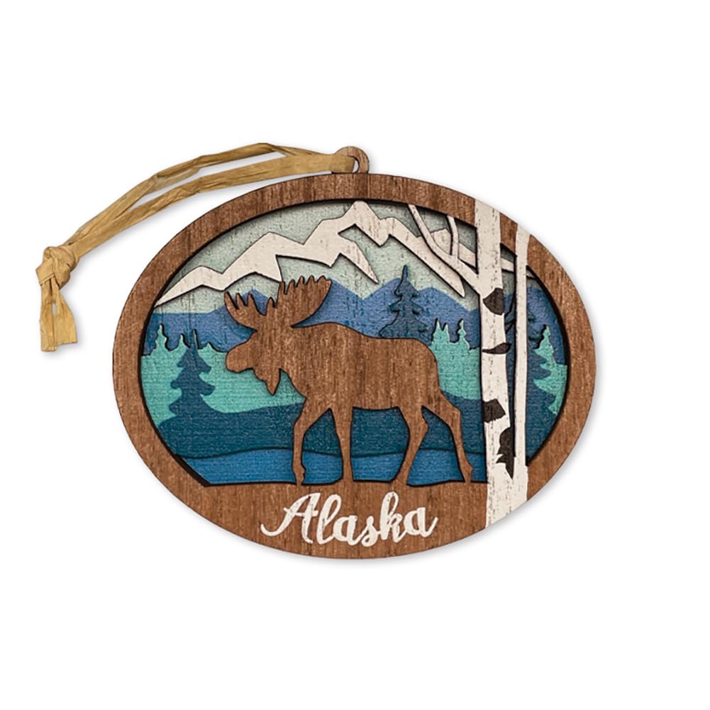 Alaska Holiday Wood Ornament Moose and Layered Landscape