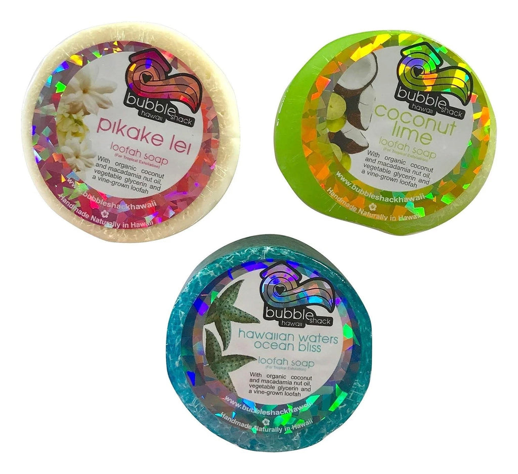 Bubble Shack Hawaii Loofah Soap Organza 2 Sets Total 6 Bars 2 Each of Pikake Coconut Ocean Bliss