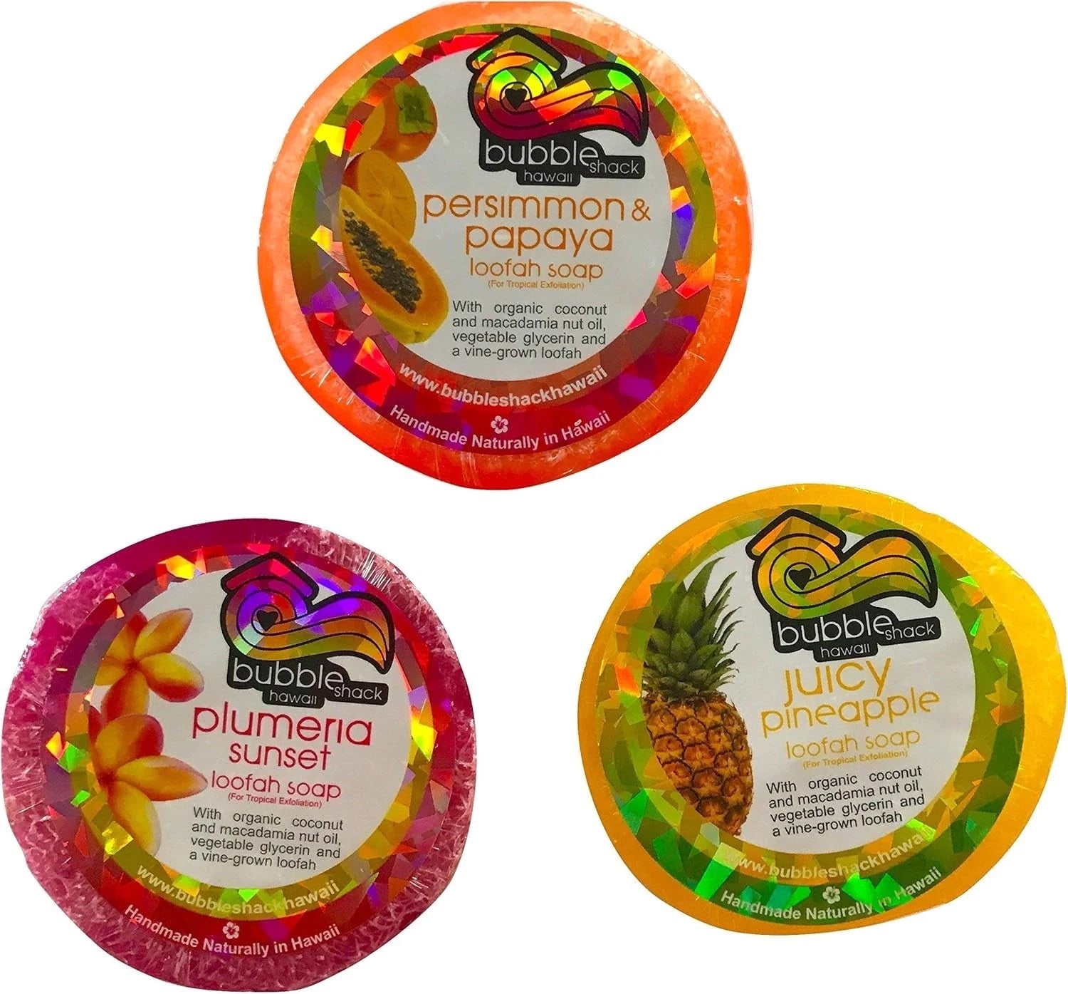 Bubble Shack Hawaii Loofah Soap Organza 2 Sets Total 6 Bars 2 Each of Plumeria Persimmon Pineapple
