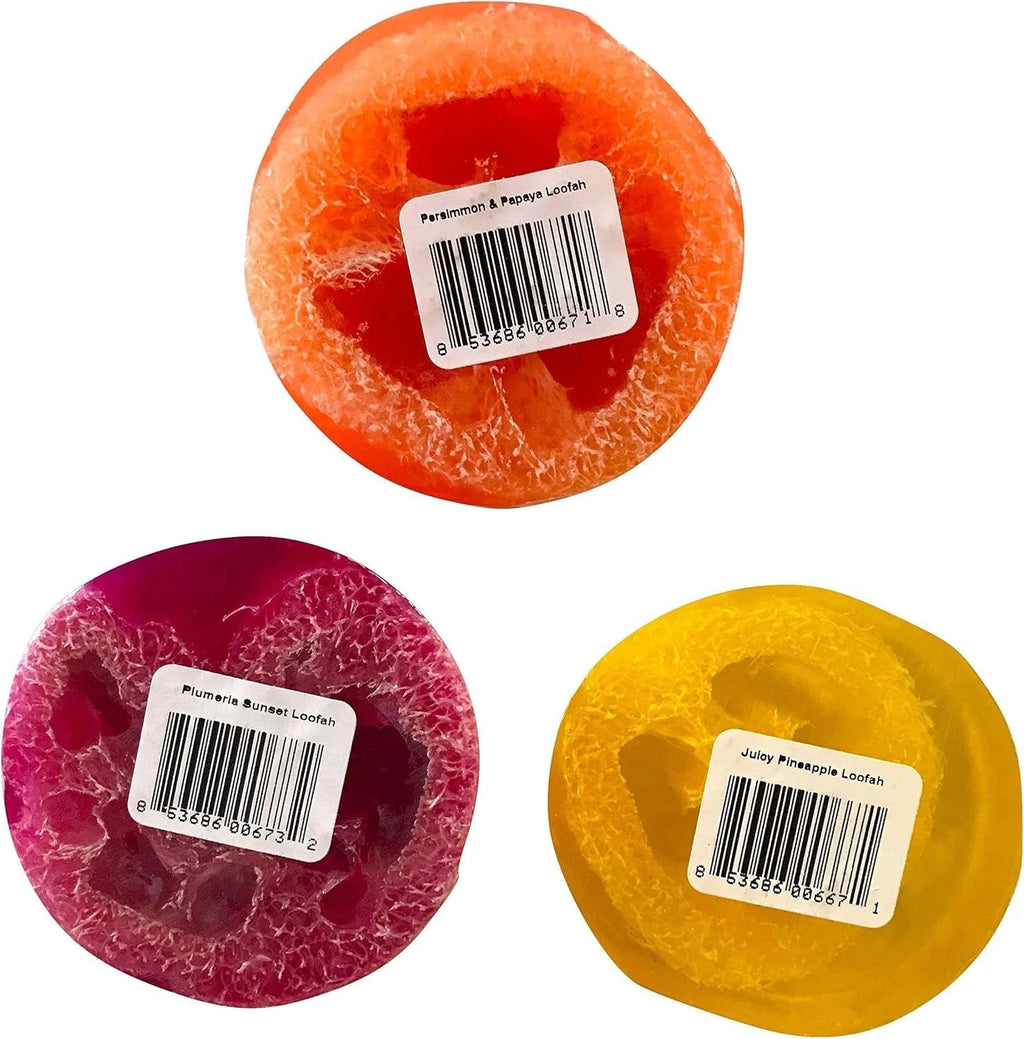 Bubble Shack Hawaii Loofah Soap Organza 2 Sets Total 6 Bars 2 Each of Plumeria Persimmon Pineapple